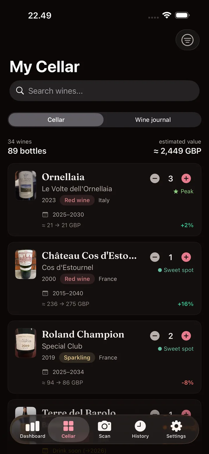 Cellar overview in Vinoary: number of wines, bottles and estimated value