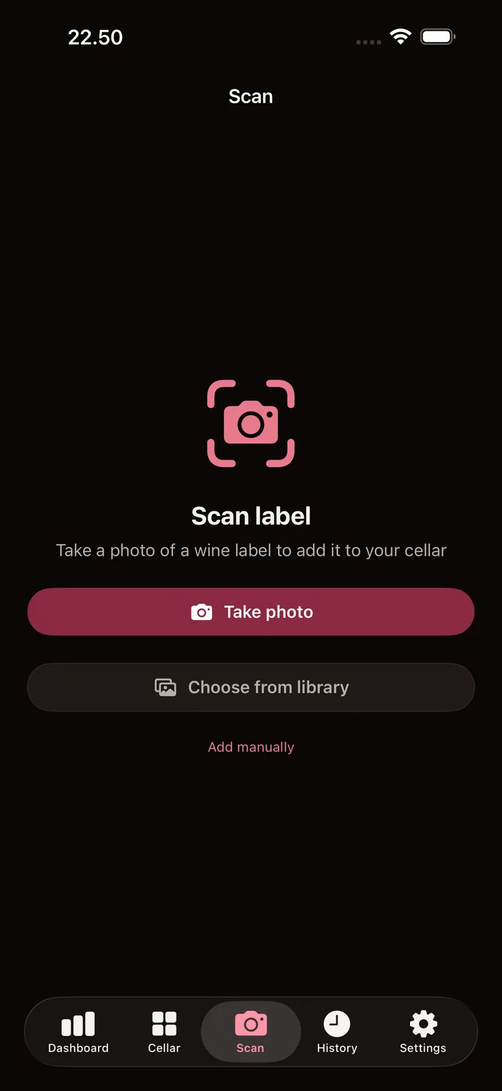 The scan screen in Vinoary: take a photo of the wine label